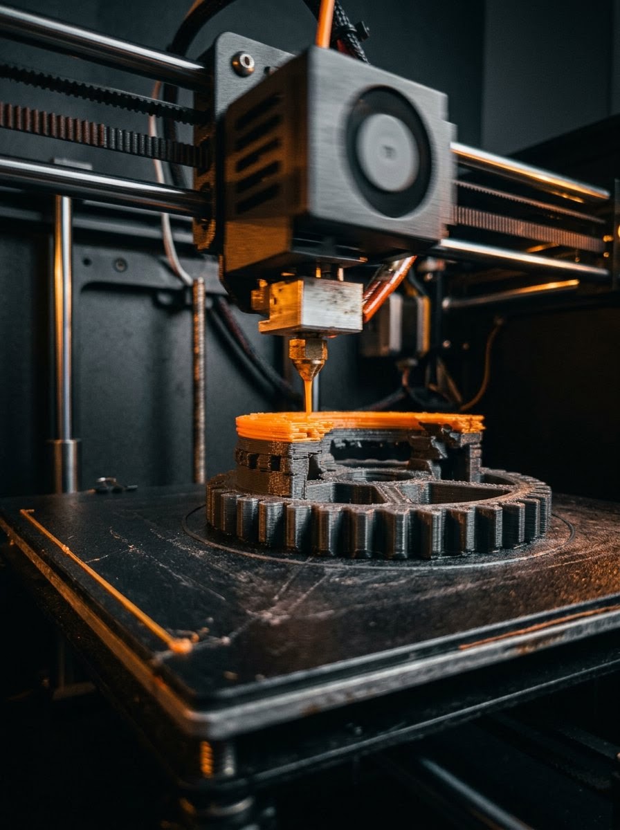 Bico de impressora 3D depositando filamento laranja sobre uma peça de engrenagem em produção