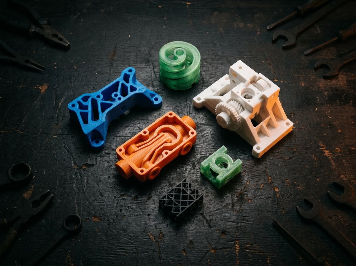 Diversas peças impressas em 3D de cores e formatos variados sobre uma bancada escura